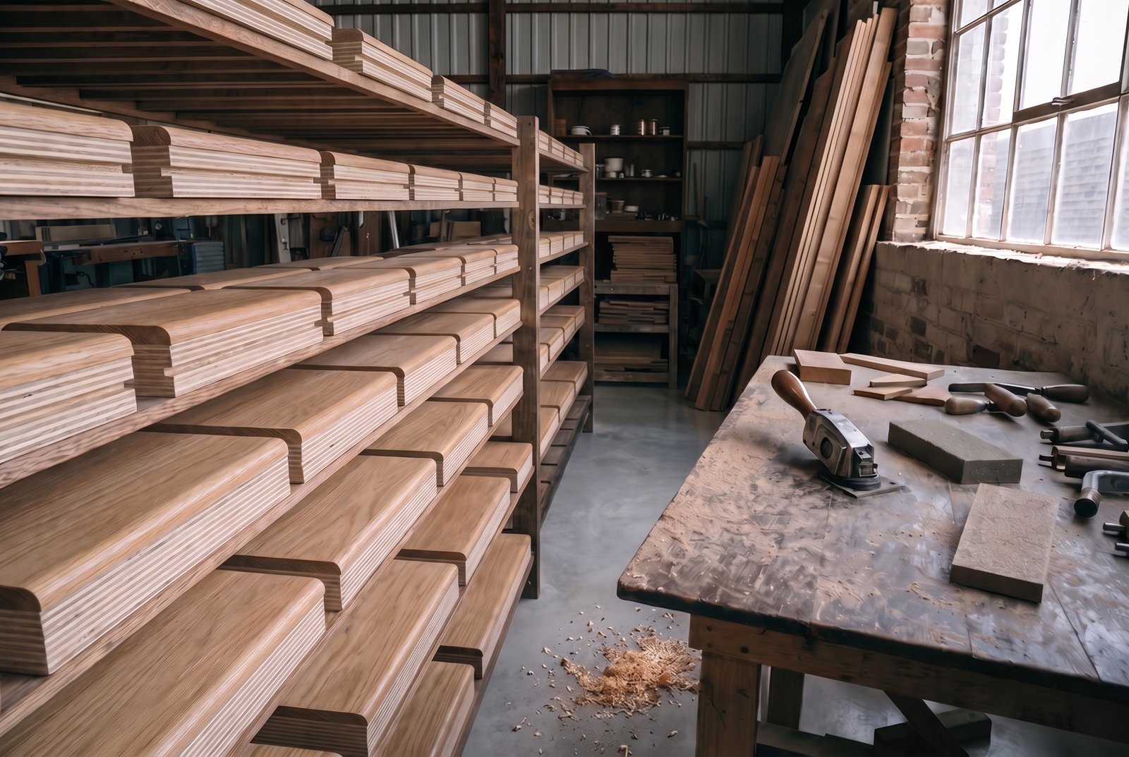 UK workshop with engineered-wood nosings and profiles on a drying rack
